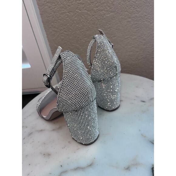 NWOT Steve Madden Rhinestone Silver Open Toe Block Heels Dylann New Crystal 10M - Picture 4 of 8
